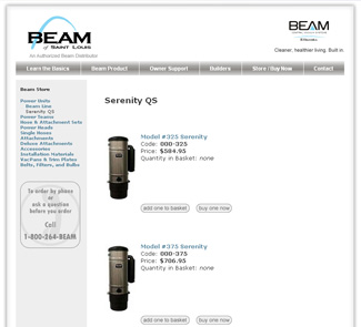 Screen shot of beamstl.com e-commerce beam vacuum store